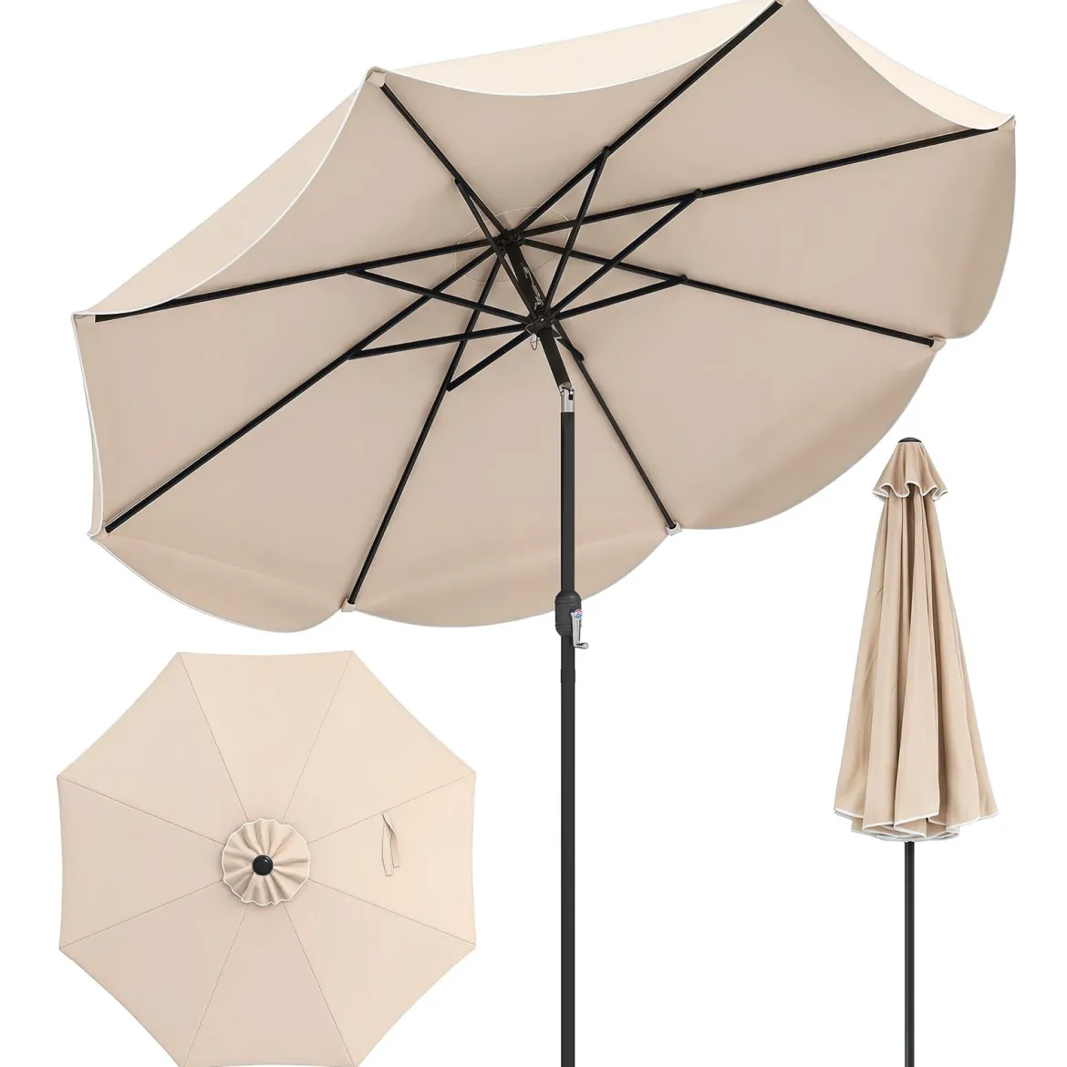 Sonnenschirm 270 cm Gartenschirm mit Kurbel & Neigefunktion Balkonschirm mit 8 Metallrippen Beige/Grau