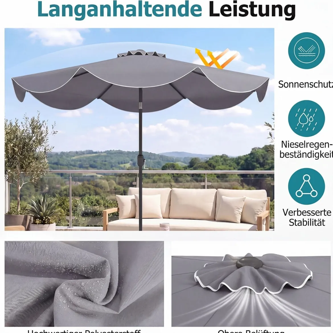 Sonnenschirm 270 cm Gartenschirm mit Kurbel & Neigefunktion Balkonschirm mit 8 Metallrippen Beige/Grau