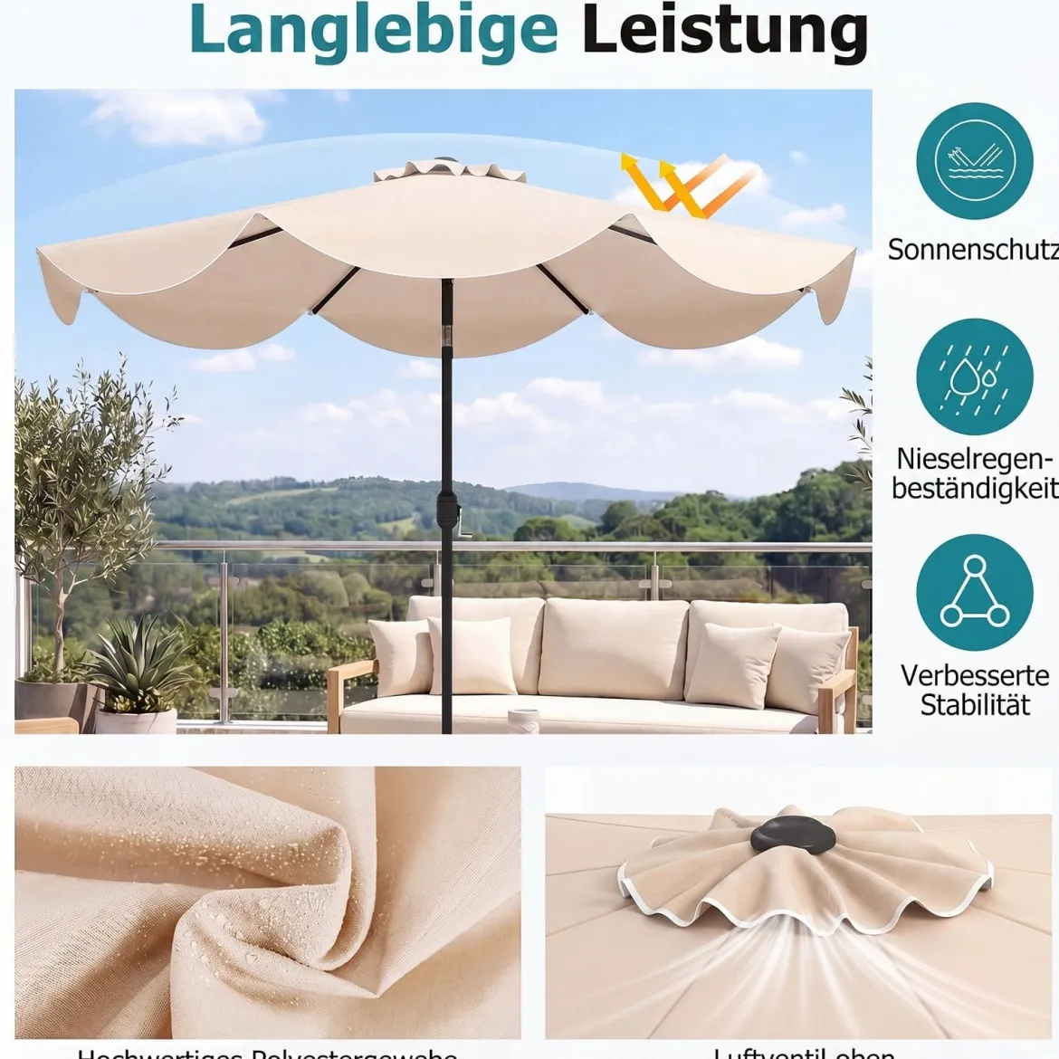Sonnenschirm 270 cm Gartenschirm mit Kurbel & Neigefunktion Balkonschirm mit 8 Metallrippen Beige/Grau