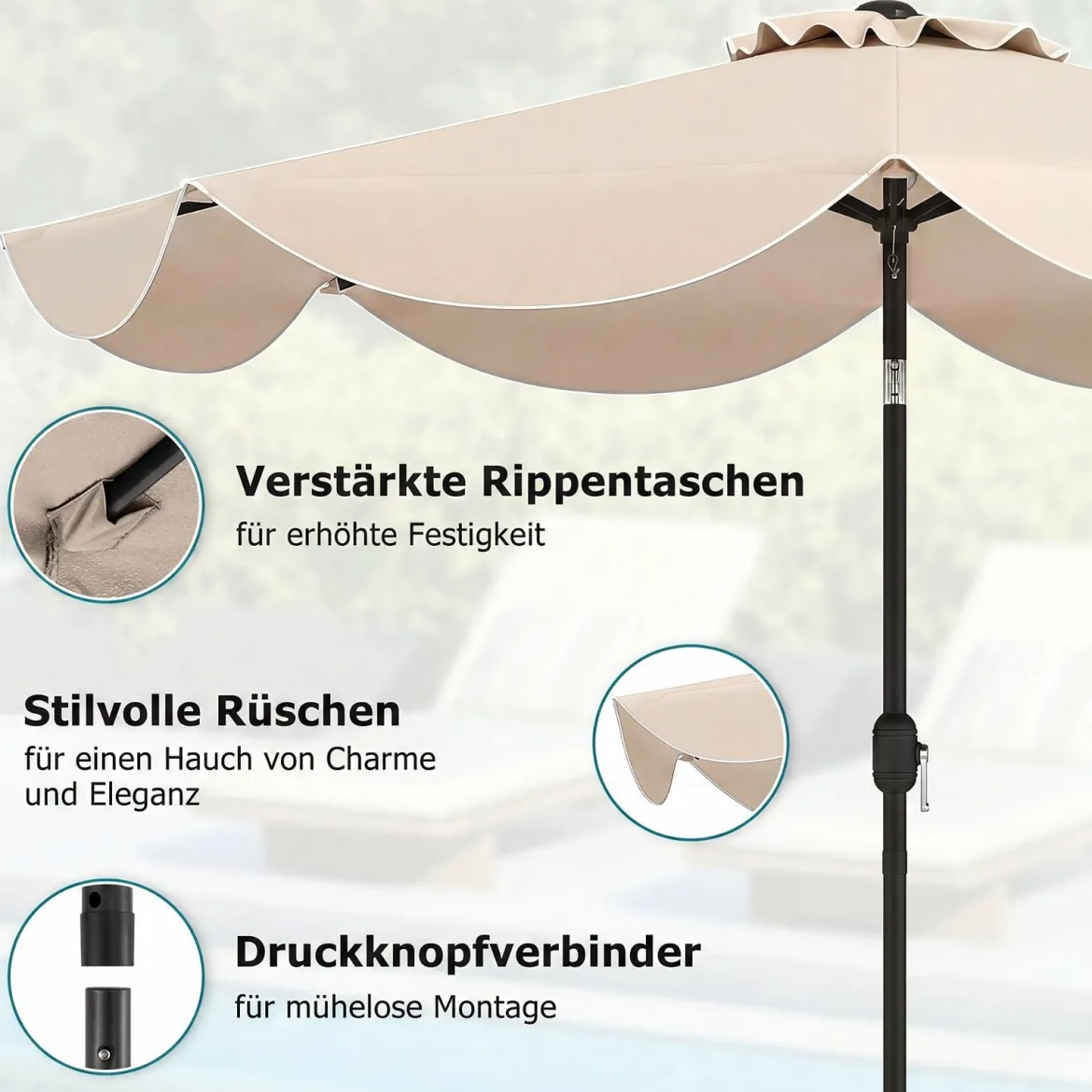 Sonnenschirm 270 cm Gartenschirm mit Kurbel & Neigefunktion Balkonschirm mit 8 Metallrippen Beige/Grau