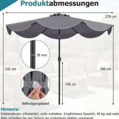 Sonnenschirm 270 cm Gartenschirm mit Kurbel & Neigefunktion Balkonschirm mit 8 Metallrippen Beige/Grau