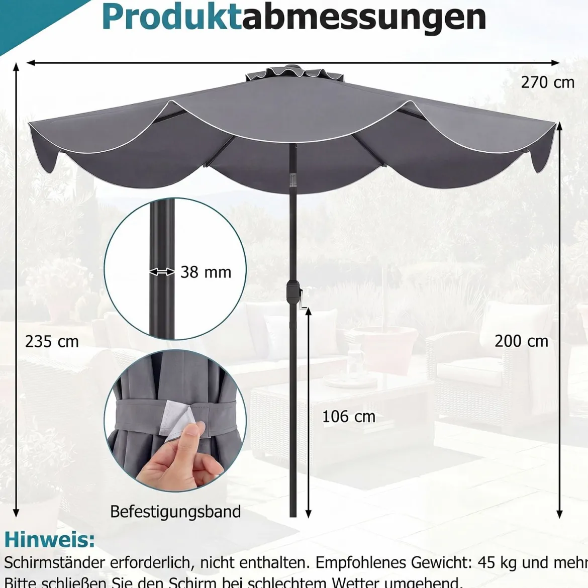 Sonnenschirm 270 cm Gartenschirm mit Kurbel & Neigefunktion Balkonschirm mit 8 Metallrippen Beige/Grau