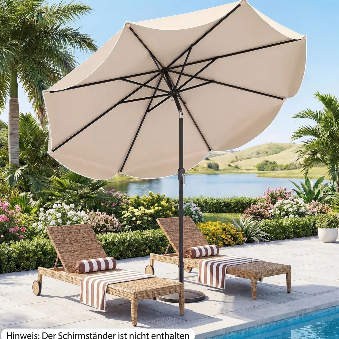 Sonnenschirm 270 cm Gartenschirm mit Kurbel & Neigefunktion Balkonschirm mit 8 Metallrippen Beige/Grau