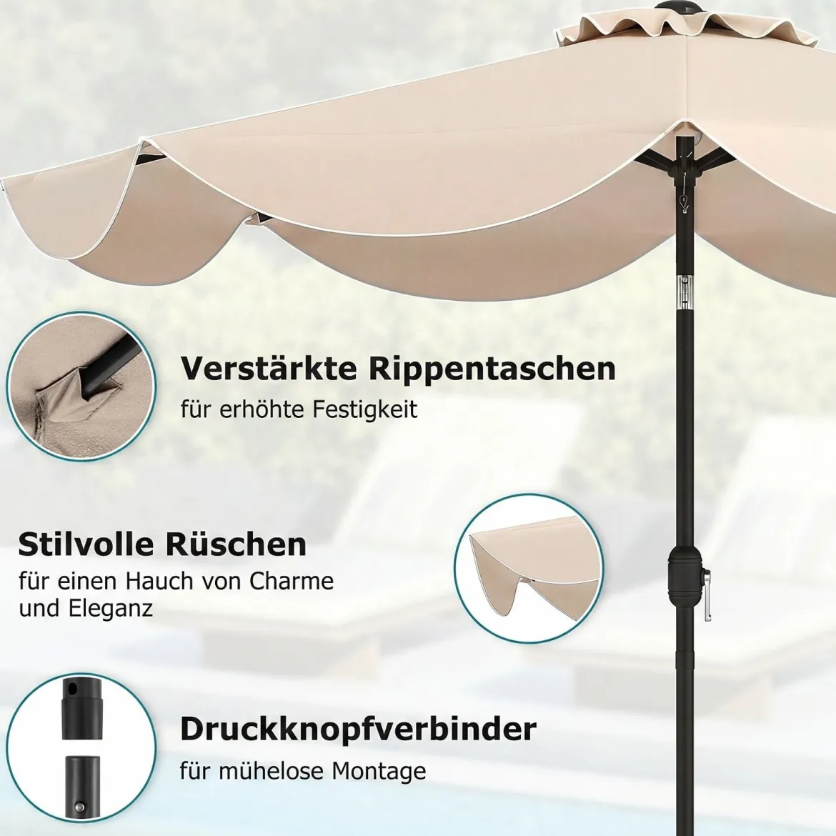 Sonnenschirm 270 cm Gartenschirm mit Kurbel & Neigefunktion Balkonschirm mit 8 Metallrippen Beige/Grau