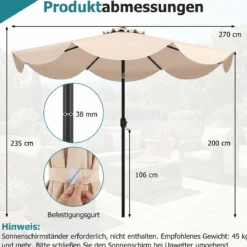 Sonnenschirm 270 cm Gartenschirm mit Kurbel & Neigefunktion Balkonschirm mit 8 Metallrippen Beige/Grau