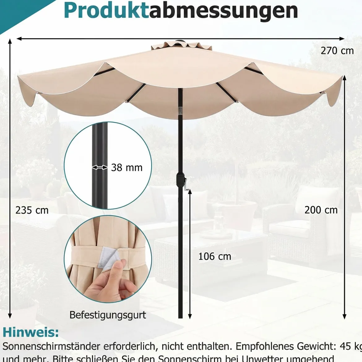 Sonnenschirm 270 cm Gartenschirm mit Kurbel & Neigefunktion Balkonschirm mit 8 Metallrippen Beige/Grau