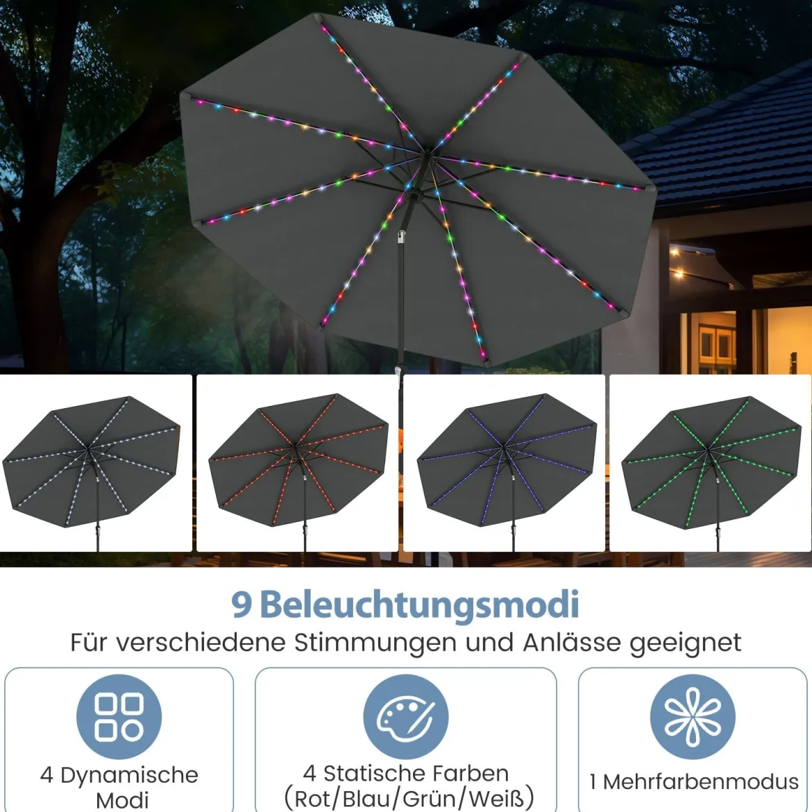 Sonnenschirm 300 cm mit LED-Solar-Beleuchtung 9 Beleuchtungsmodi Gartenschirm mit Kurbel Grau