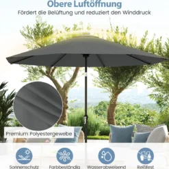 Sonnenschirm 300 cm mit LED-Solar-Beleuchtung 9 Beleuchtungsmodi Gartenschirm mit Kurbel Grau