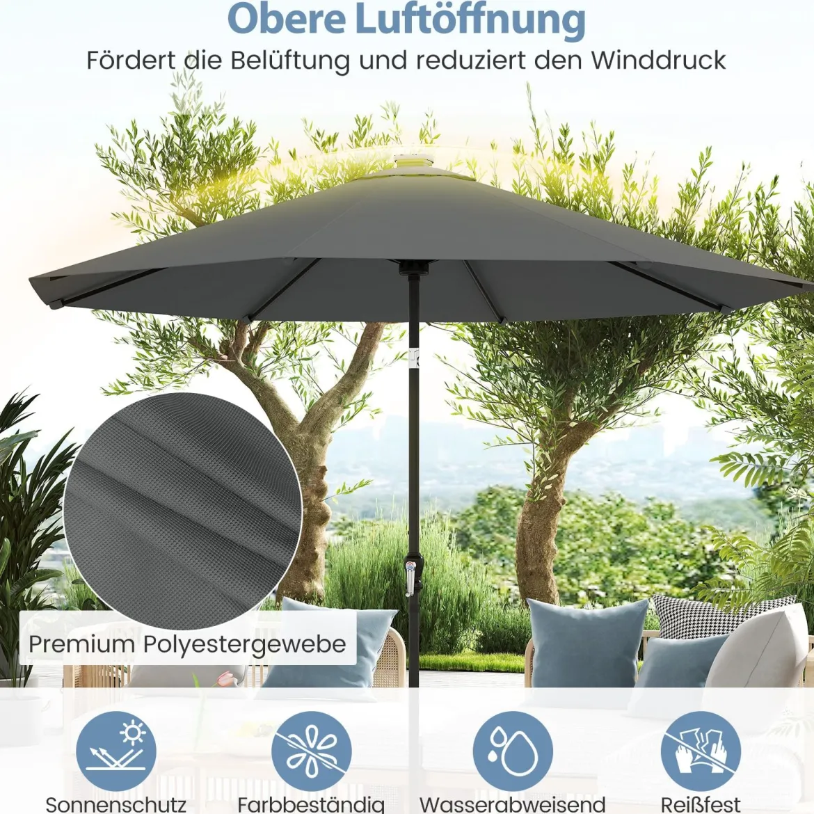 Sonnenschirm 300 cm mit LED-Solar-Beleuchtung 9 Beleuchtungsmodi Gartenschirm mit Kurbel Grau