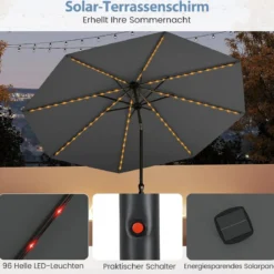 Sonnenschirm 300 cm mit LED-Solar-Beleuchtung 9 Beleuchtungsmodi Gartenschirm mit Kurbel Grau