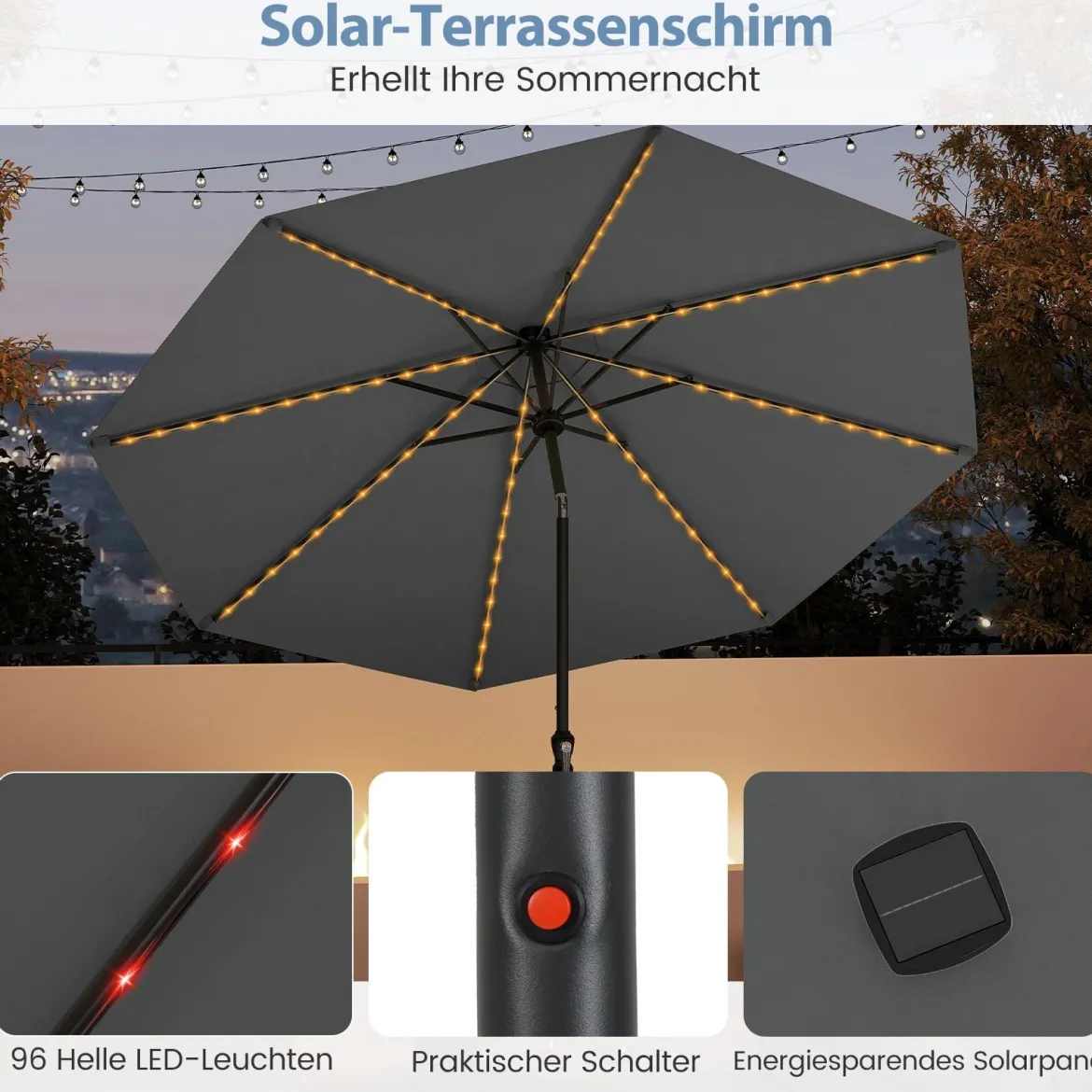 Sonnenschirm 300 cm mit LED-Solar-Beleuchtung 9 Beleuchtungsmodi Gartenschirm mit Kurbel Grau