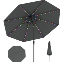 Sonnenschirm 300 cm mit LED-Solar-Beleuchtung 9 Beleuchtungsmodi Gartenschirm mit Kurbel Grau
