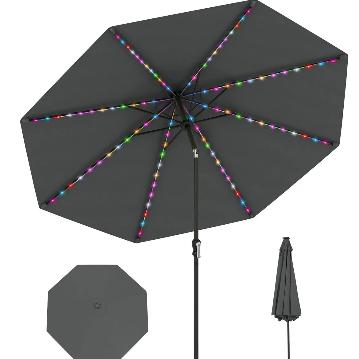 Sonnenschirm 300 cm mit LED-Solar-Beleuchtung 9 Beleuchtungsmodi Gartenschirm mit Kurbel Grau