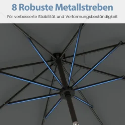 Sonnenschirm 300 cm mit LED-Solar-Beleuchtung 9 Beleuchtungsmodi Gartenschirm mit Kurbel Grau
