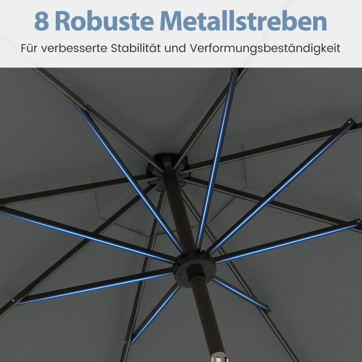 Sonnenschirm 300 cm mit LED-Solar-Beleuchtung 9 Beleuchtungsmodi Gartenschirm mit Kurbel Grau