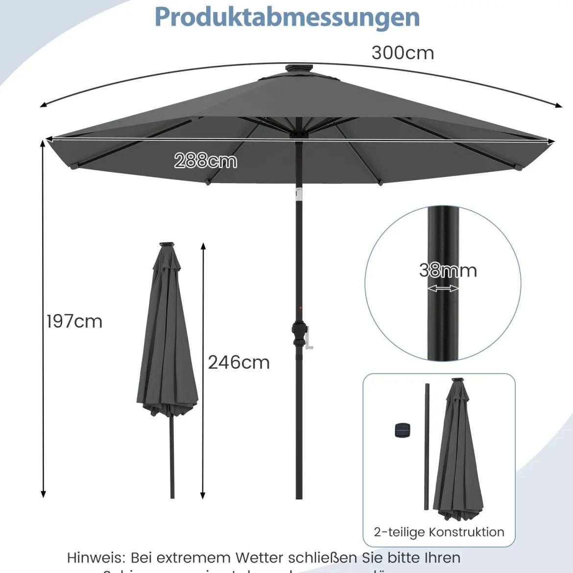 Sonnenschirm 300 cm mit LED-Solar-Beleuchtung 9 Beleuchtungsmodi Gartenschirm mit Kurbel Grau
