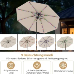 Sonnenschirm 300 cm mit LED-Solar-Beleuchtung 9 Beleuchtungsmodi Gartenschirm mit Kurbel Beige