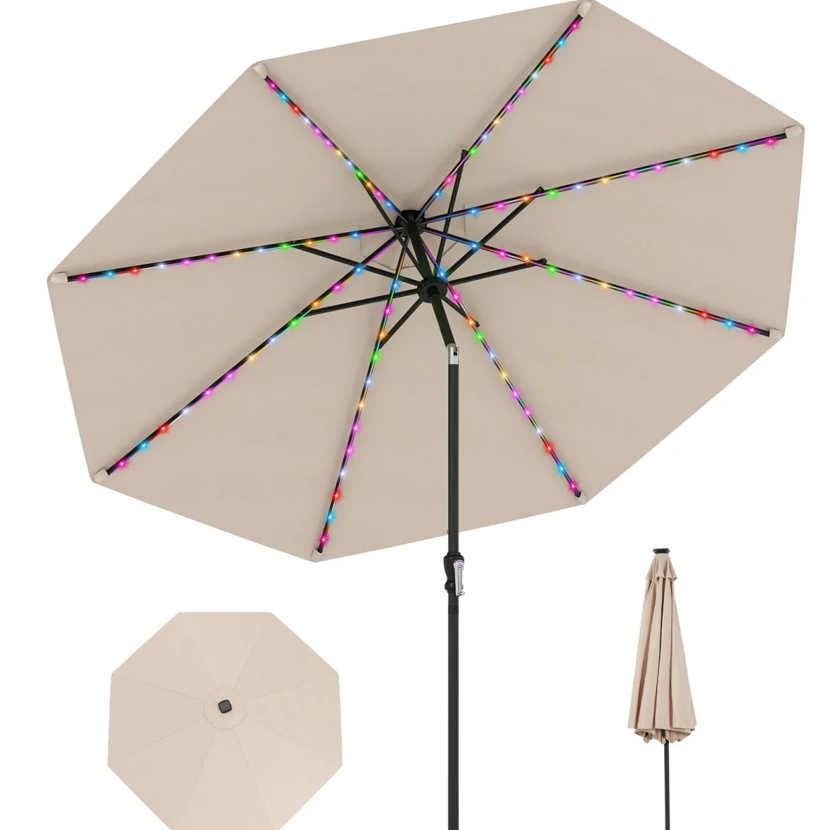 Sonnenschirm 300 cm mit LED-Solar-Beleuchtung 9 Beleuchtungsmodi Gartenschirm mit Kurbel Beige