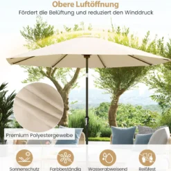 Sonnenschirm 300 cm mit LED-Solar-Beleuchtung 9 Beleuchtungsmodi Gartenschirm mit Kurbel Beige