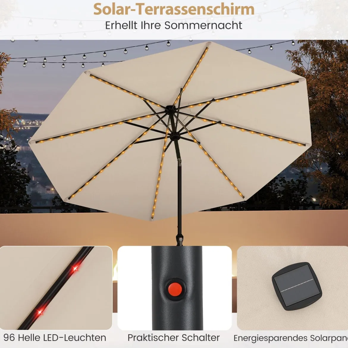 Sonnenschirm 300 cm mit LED-Solar-Beleuchtung 9 Beleuchtungsmodi Gartenschirm mit Kurbel Beige
