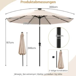 Sonnenschirm 300 cm mit LED-Solar-Beleuchtung 9 Beleuchtungsmodi Gartenschirm mit Kurbel Beige