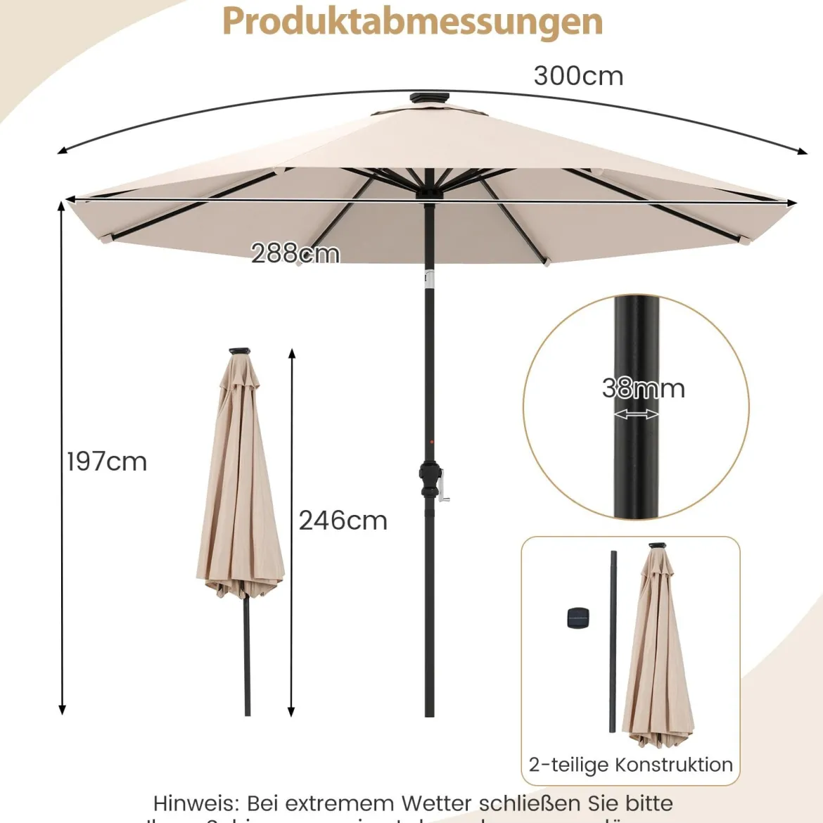 Sonnenschirm 300 cm mit LED-Solar-Beleuchtung 9 Beleuchtungsmodi Gartenschirm mit Kurbel Beige