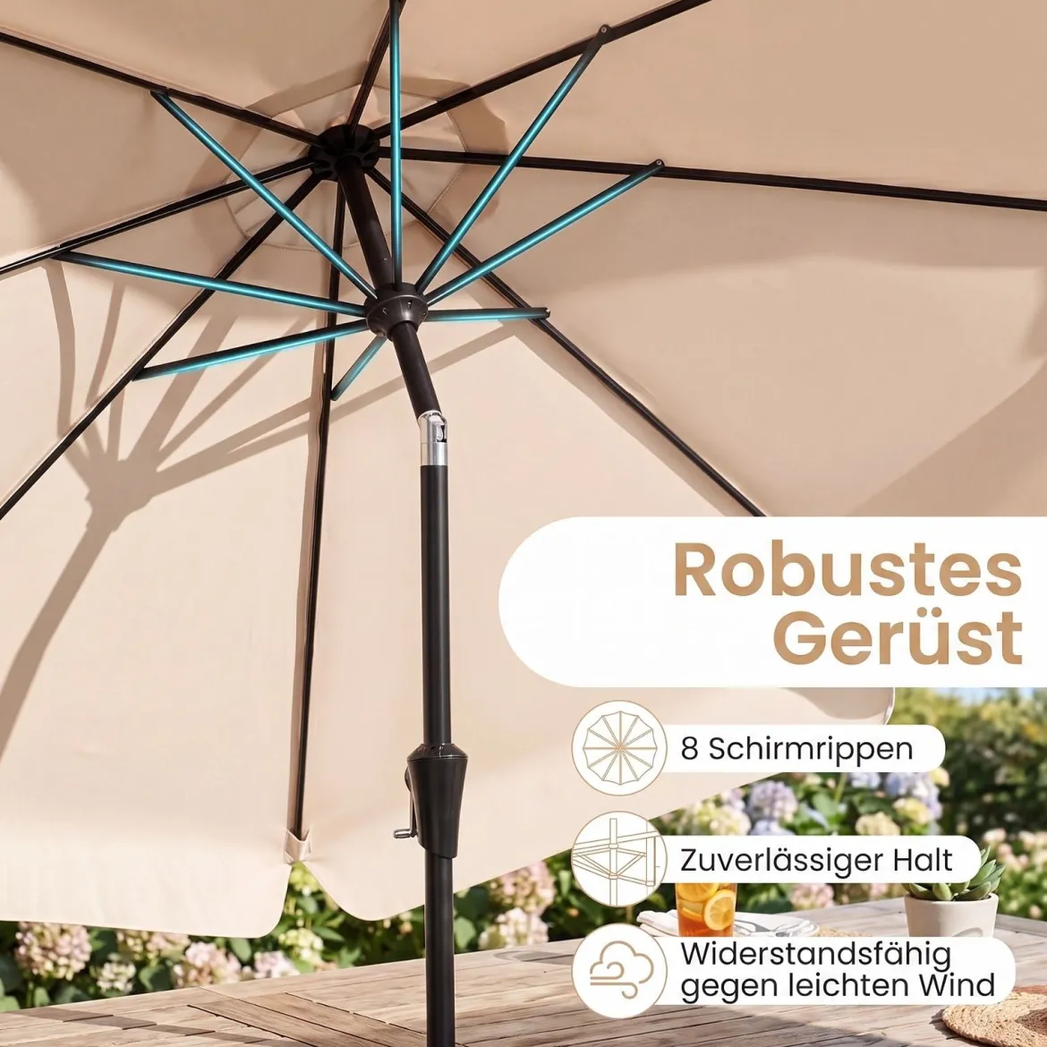 Sonnenschirm 300cm Neigbarer Gartenschirm mit Stabiler Metallstange 8 Streben Kurbel