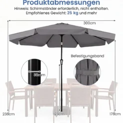 Sonnenschirm 300cm Neigbarer Gartenschirm mit Stabiler Metallstange 8 Streben Kurbel