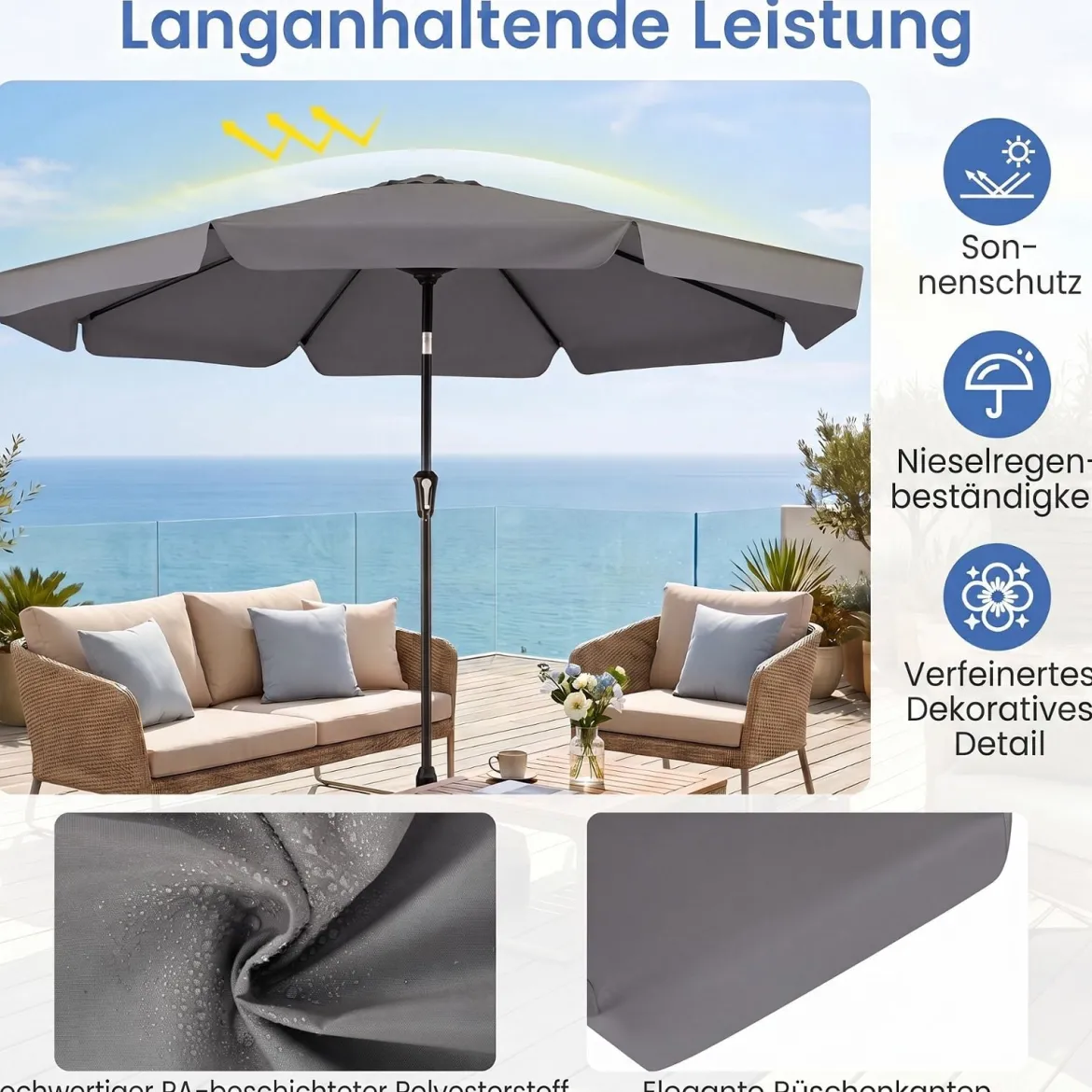 Sonnenschirm 300cm Neigbarer Gartenschirm mit Stabiler Metallstange 8 Streben Kurbel