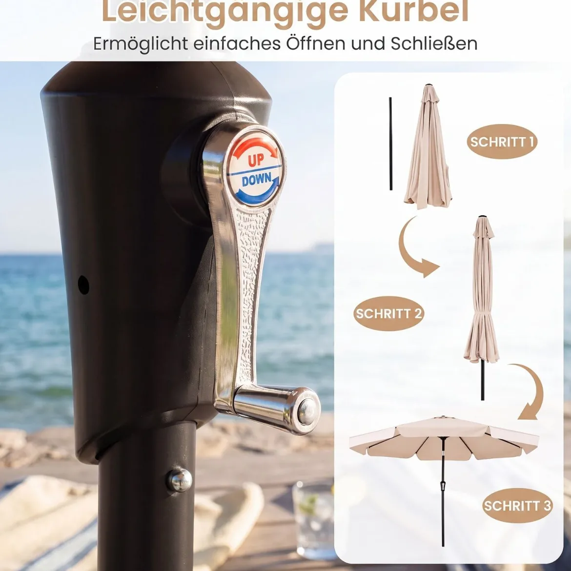 Sonnenschirm 300cm Neigbarer Gartenschirm mit Stabiler Metallstange 8 Streben Kurbel