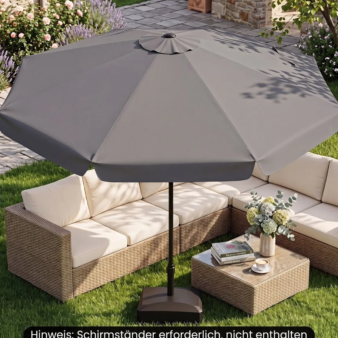 Sonnenschirm 300cm Neigbarer Gartenschirm mit Stabiler Metallstange 8 Streben Kurbel