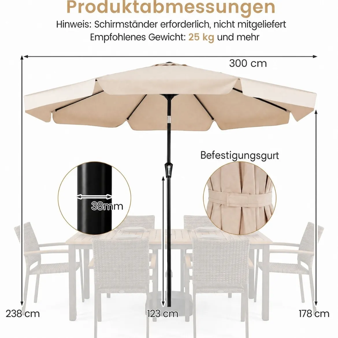 Sonnenschirm 300cm Neigbarer Gartenschirm mit Stabiler Metallstange 8 Streben Kurbel