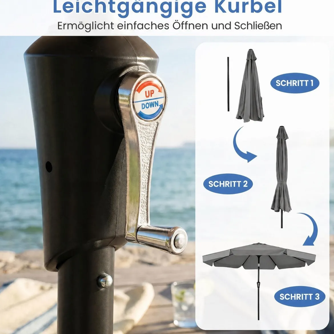 Sonnenschirm 300cm Neigbarer Gartenschirm mit Stabiler Metallstange 8 Streben Kurbel