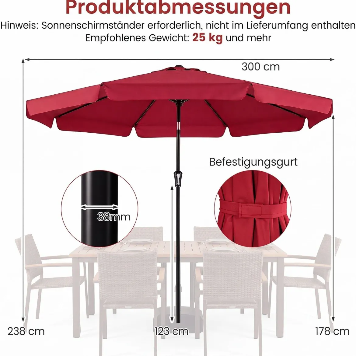 Sonnenschirm 300cm Neigbarer Gartenschirm mit Stabiler Metallstange 8 Streben Kurbel