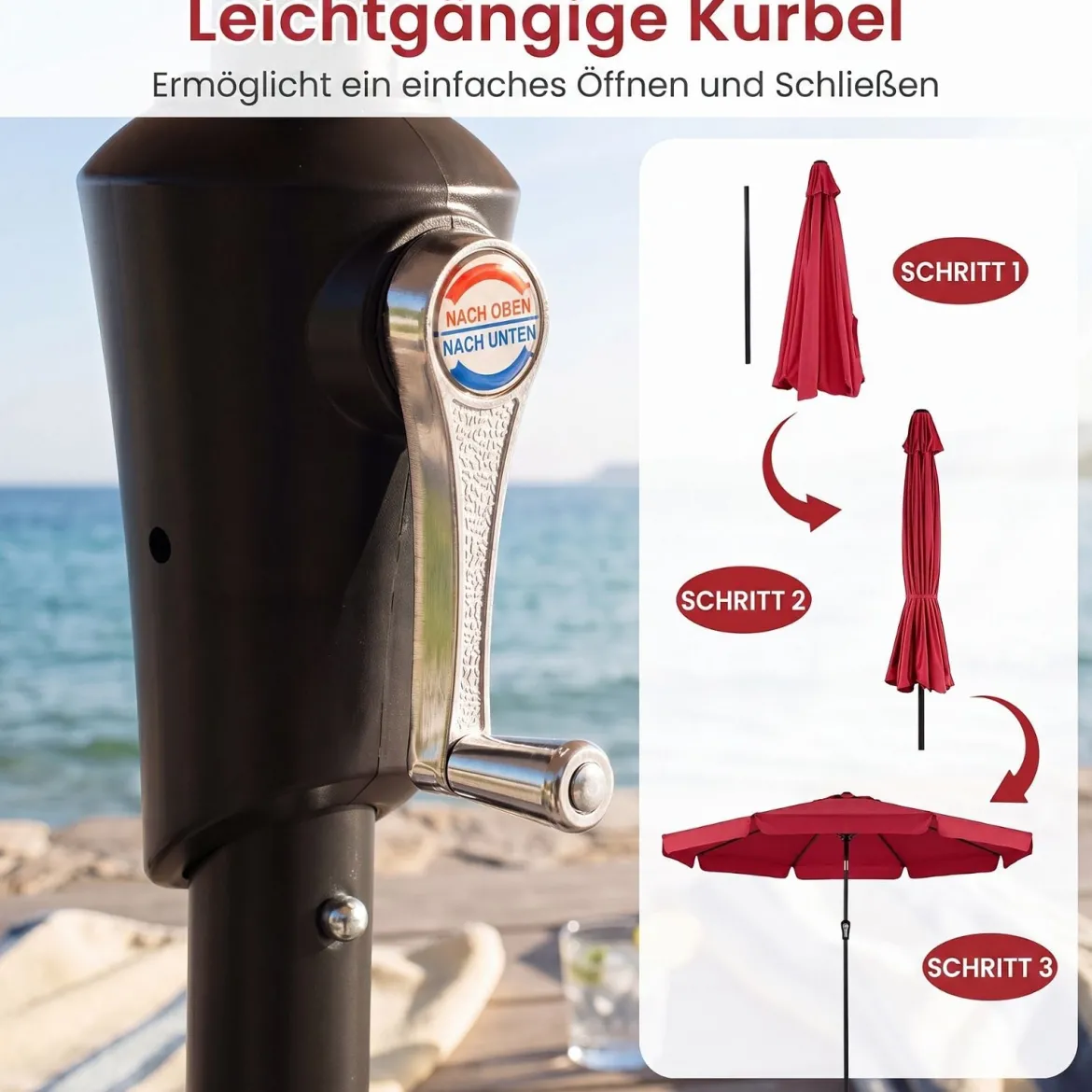 Sonnenschirm 300cm Neigbarer Gartenschirm mit Stabiler Metallstange 8 Streben Kurbel