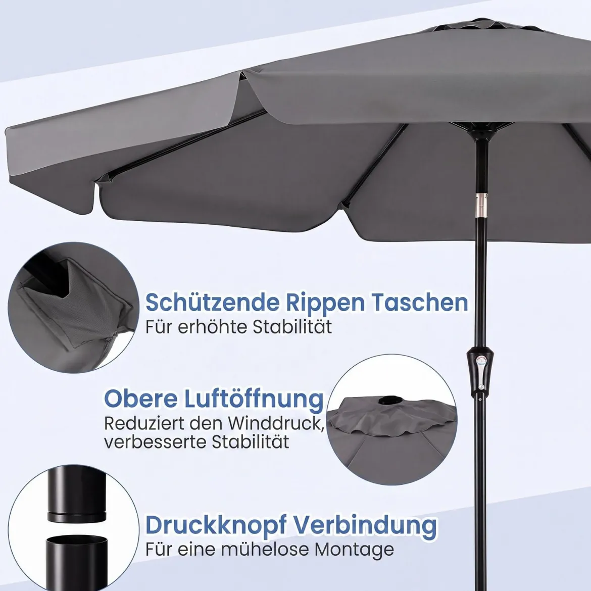 Sonnenschirm 300cm Neigbarer Gartenschirm mit Stabiler Metallstange 8 Streben Kurbel