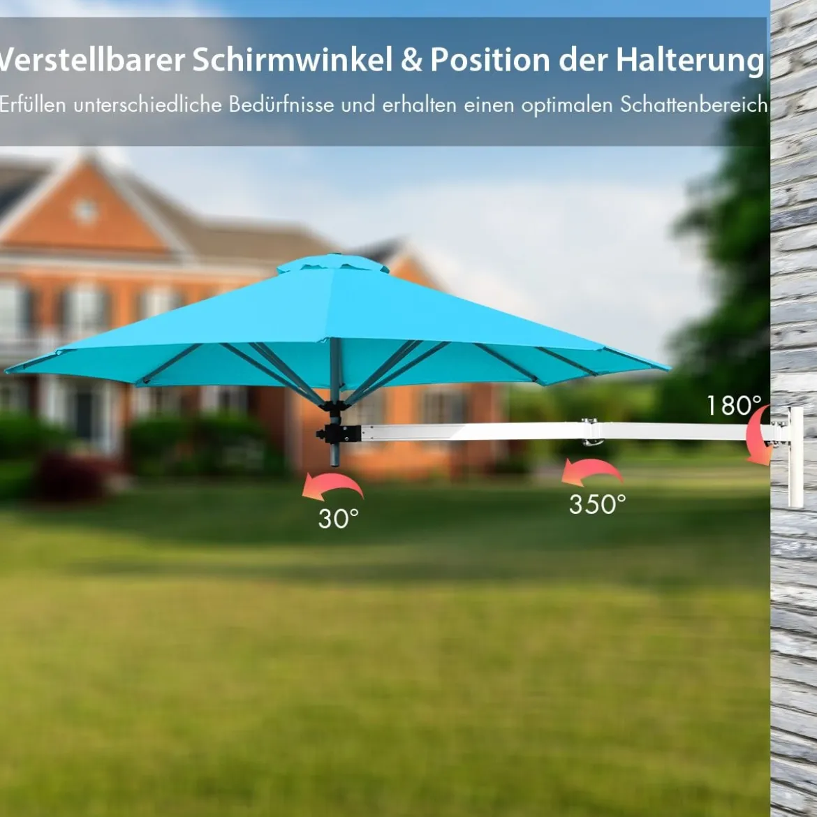 Sonnenschirm für die Wand Wandschirm kippbar Balkonschirm mit verstellbarer Aluminiumstange Ø 250 cm Türkis