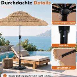 Sonnenschirm Hawaii Ø 275 cm Gartenschirm 30° Neigbar mit Kurbel & 8 Stabile Metallrippen
