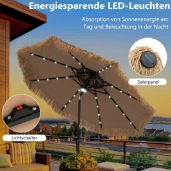 Sonnenschirm Hawaii Gartenschirm Stroh 270 cm Strohschirm mit LED-Solar-Beleuchtung und Doppeldach Natur