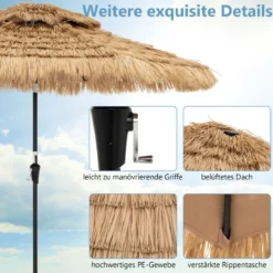 Sonnenschirm Hawaii Gartenschirm Stroh 270 cm Strohschirm mit LED-Solar-Beleuchtung und Doppeldach Natur