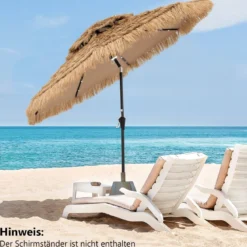 Sonnenschirm Hawaii Gartenschirm Stroh 270 cm Strohschirm mit LED-Solar-Beleuchtung und Doppeldach Natur