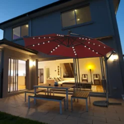 Sonnenschirm mit LED-Solar-Beleuchtung Drehbar Ampelschirm für Garten Ø 300 cm Rot