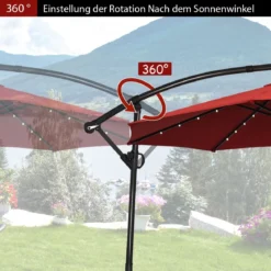 Sonnenschirm mit LED-Solar-Beleuchtung Drehbar Ampelschirm für Garten Ø 300 cm Rot