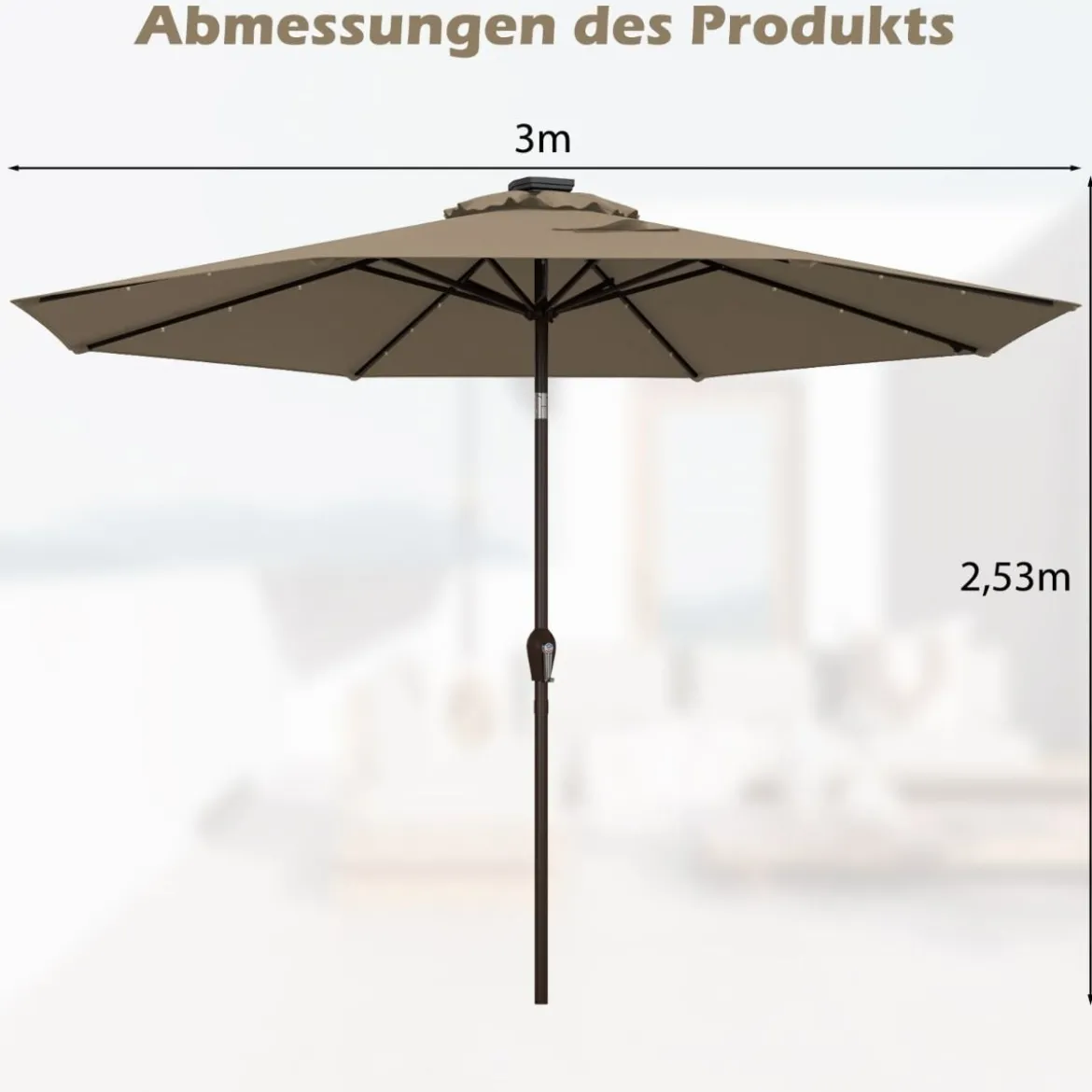 Sonnenschirm mit Solar- LED-Beleuchtung Ampelschirm Gartenschirm 3m