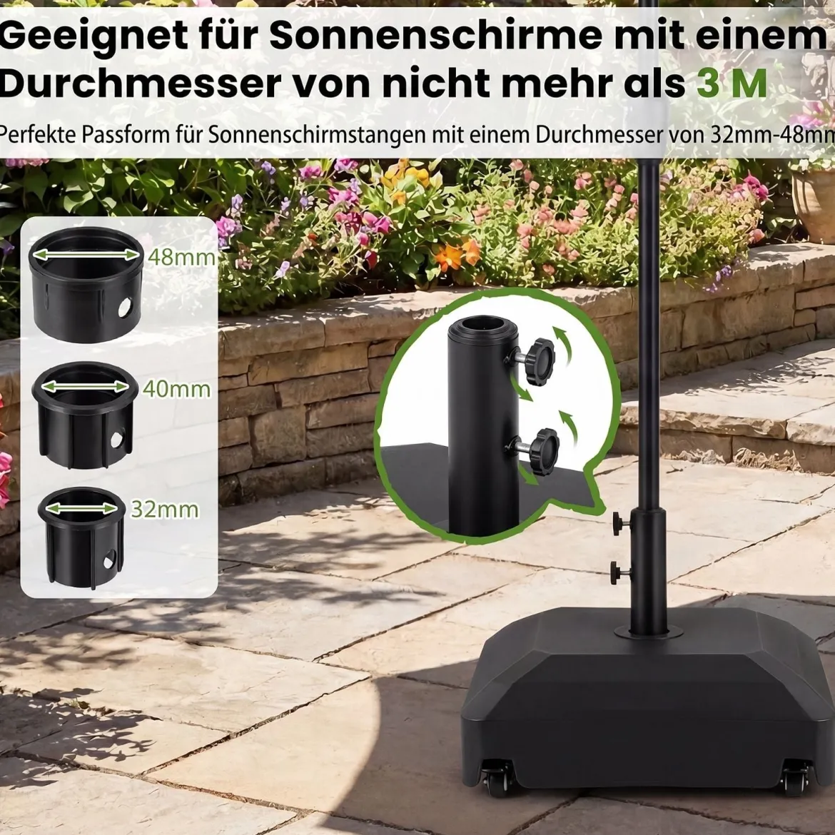 Sonnenschirmständer auf Rollen Schirmständer Befüllbar bis 68kg für Schirmstange 32/38/48 mm