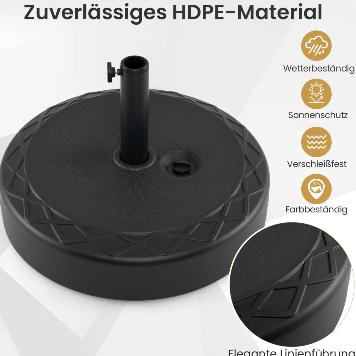 Sonnenschirmständer aus HDPE Runder Sonnenschirmfuß mit Griff für Schirmstiel 39-49 mm Schwarz