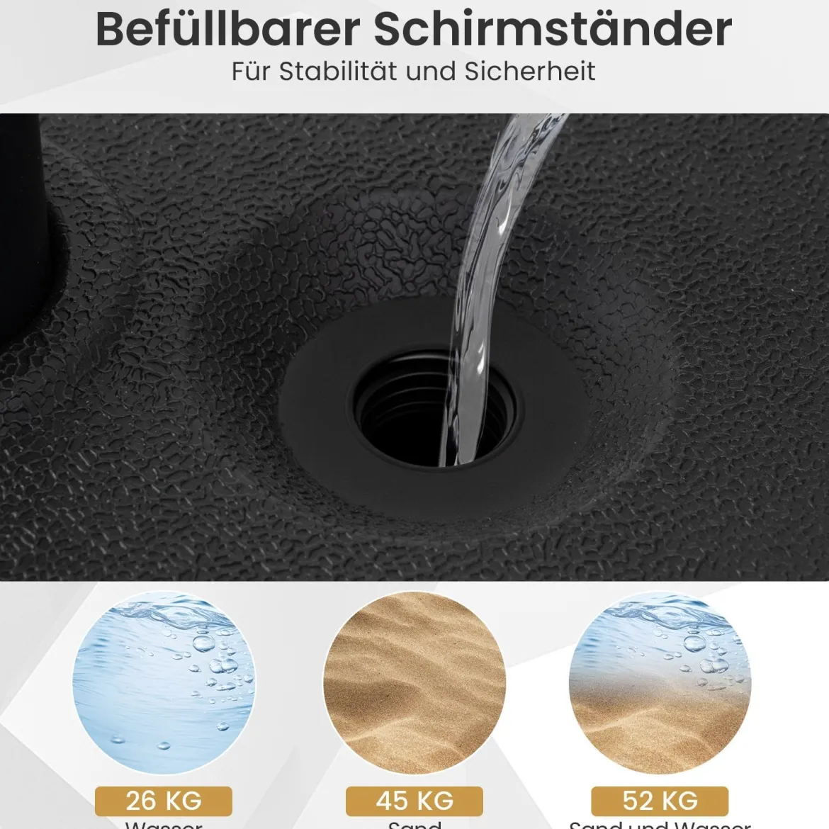 Sonnenschirmständer aus HDPE Runder Sonnenschirmfuß mit Griff für Schirmstiel 39-49 mm Schwarz