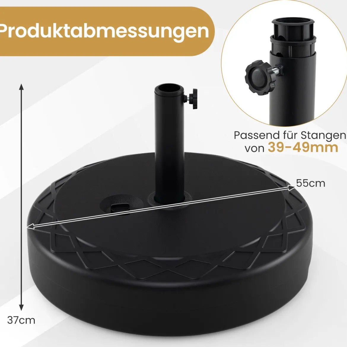 Sonnenschirmständer aus HDPE Runder Sonnenschirmfuß mit Griff für Schirmstiel 39-49 mm Schwarz