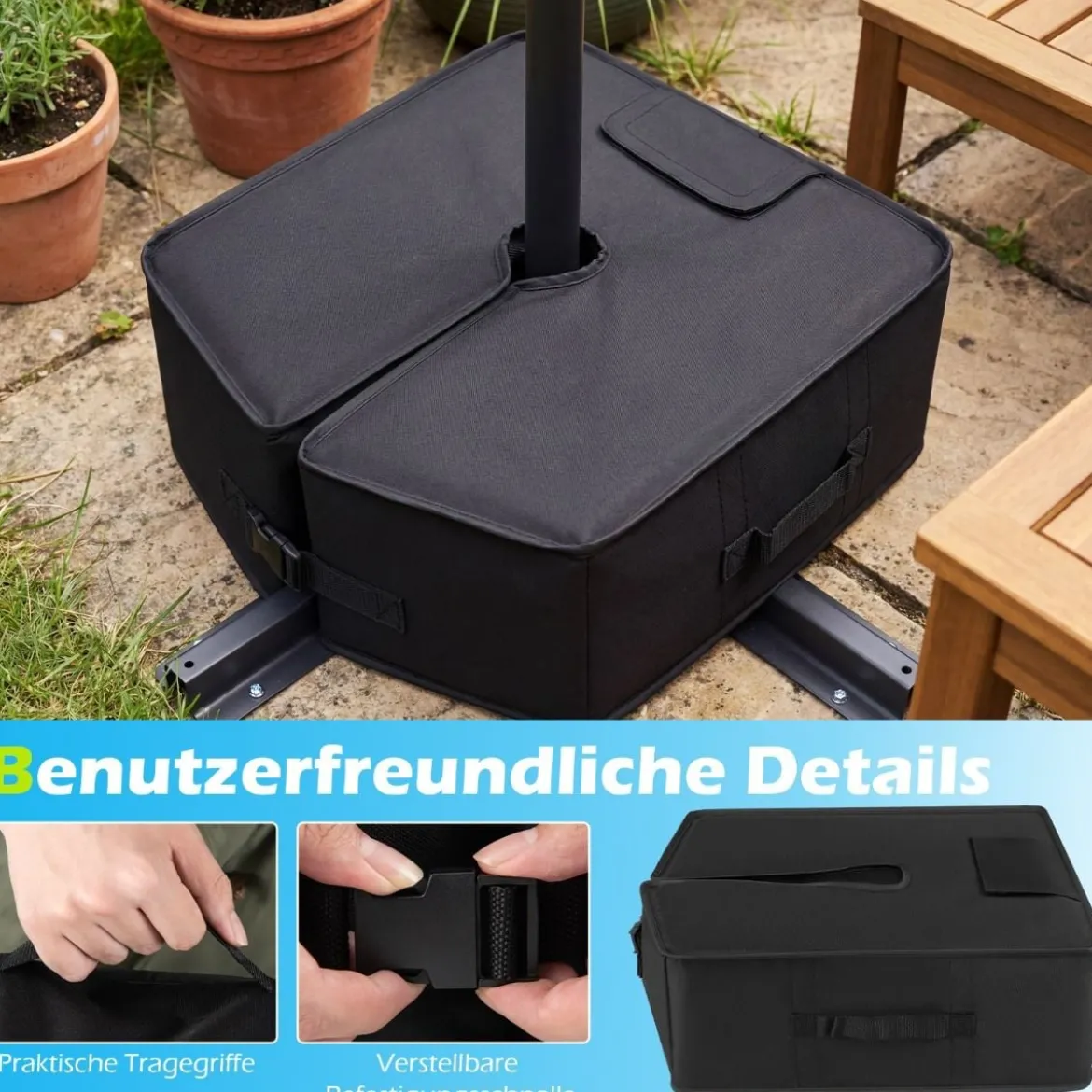 Sonnenschirmständer 40 kg Befüllbar mit Sand Tragbarer Schirmständer Sonnenschirmfuß Schwarz