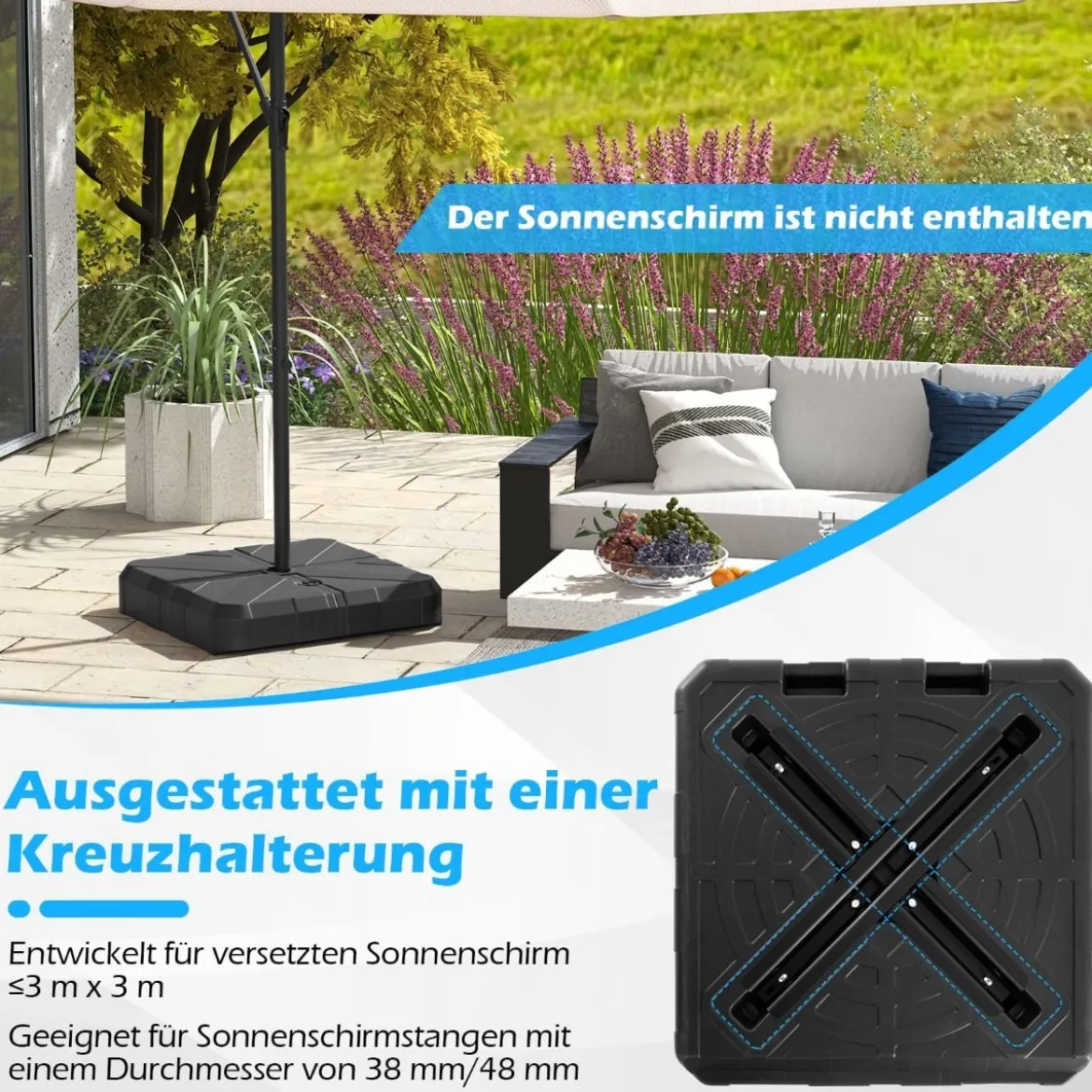Sonnenschirmständer 45 Liter / 60 kg befüllbar mit Wasser oder Sand Schirmständer für Schirmstangen 67 x 67 x 13 cm